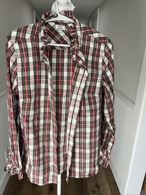 J Crew Women Ruffleneck Button Up Shirt Red Green Plaid Sz Medium Holiday Preppy